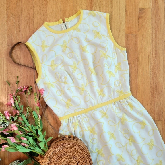 🐥 VTG Yellow & White 2-Pc Embroidered Dress Jacket Set Sz M - Picture 4 of 14